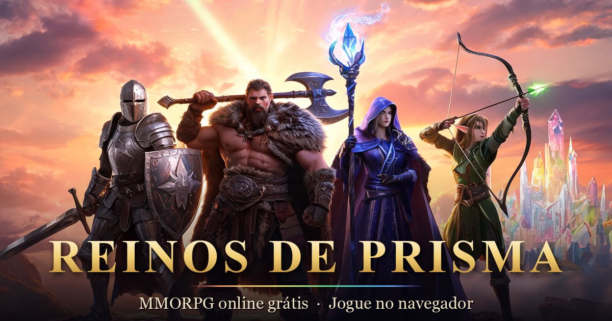 Knight, Barbarian, Mage and Archer in front of the crystal city of Reinos de Prisma